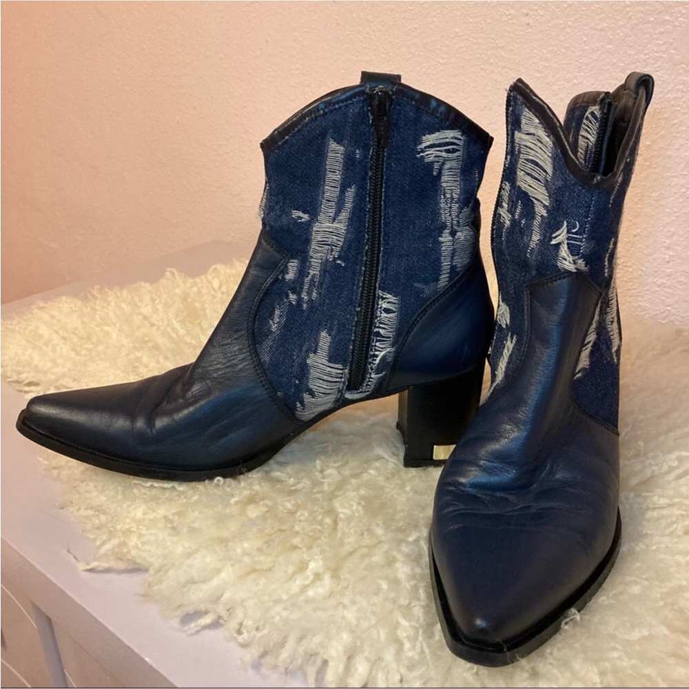 Designer Roberto Botella leather w distressed denim textile ankle boots size 38